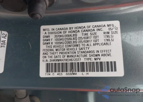 2012 Honda Cr-V Ex-L z USA, uszkodzony, nr VIN 2HKRM4H7XCH612377